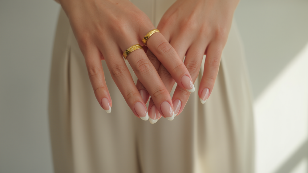 Hand with pink and white nail polish wearing gold rings on a neutral background