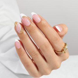 French glitter pink press-on nails with marble accent