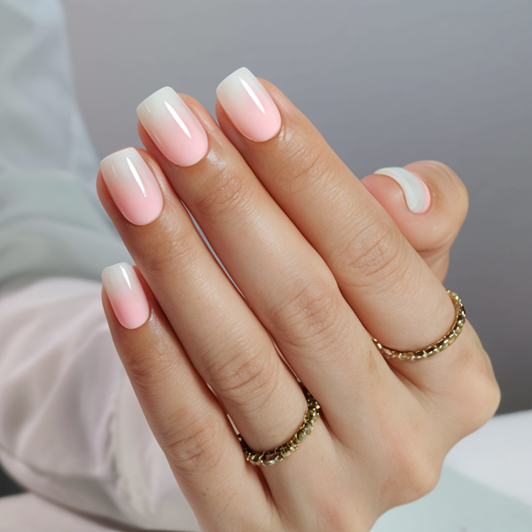 Close-up of a hand with pink and white nail polish wearing gold rings on a neutral background